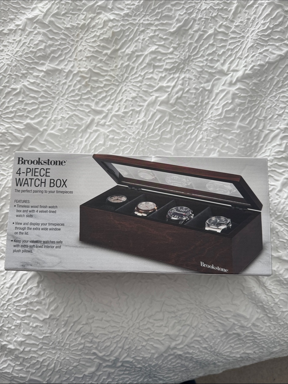 Brookstone Brown Wood 4-Piece Watch Box with Glass Lid